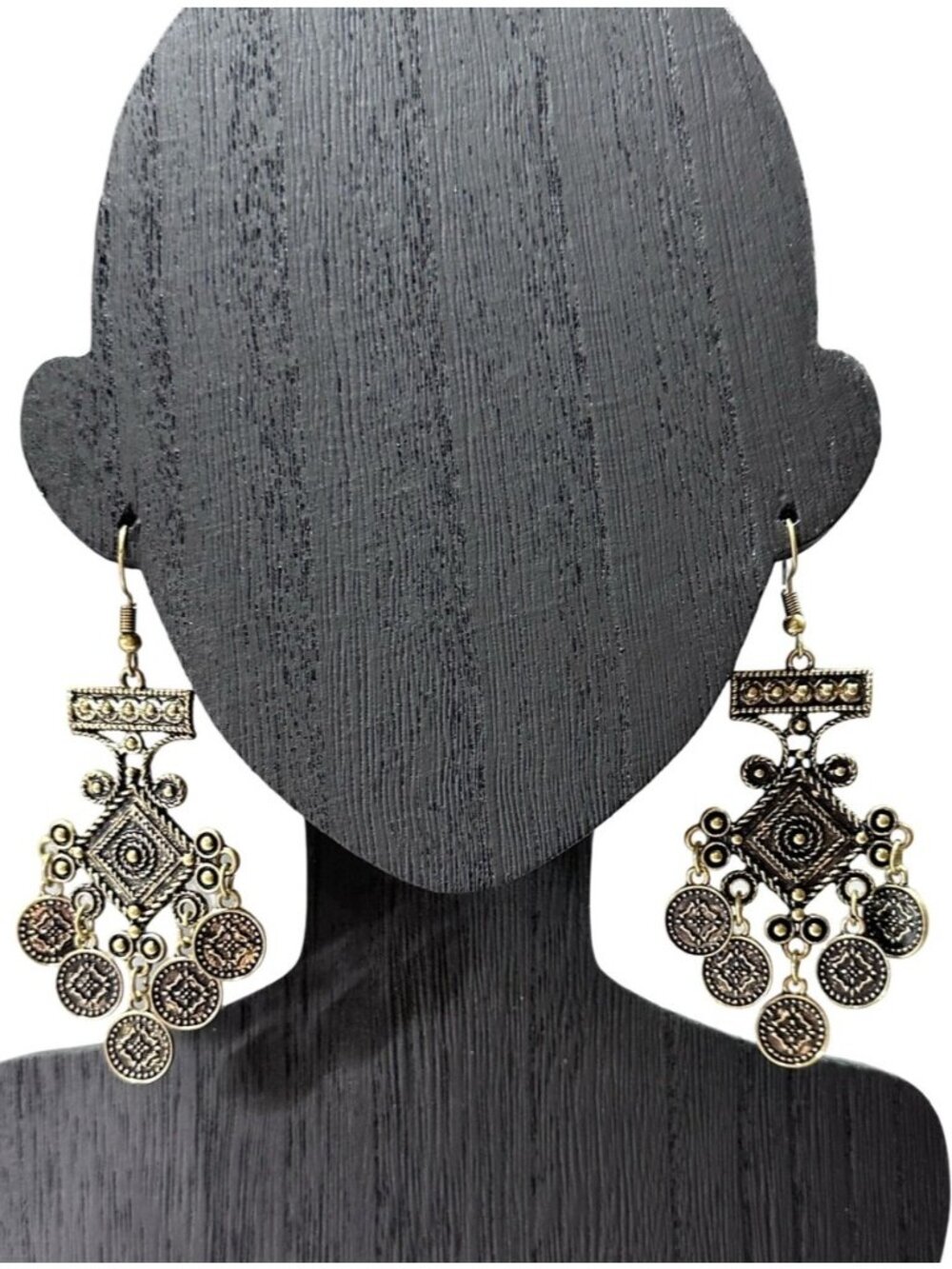 Antique Gold Tone Chandelier Earrings 3 Inch Length Geometric Design Womens NWOT
